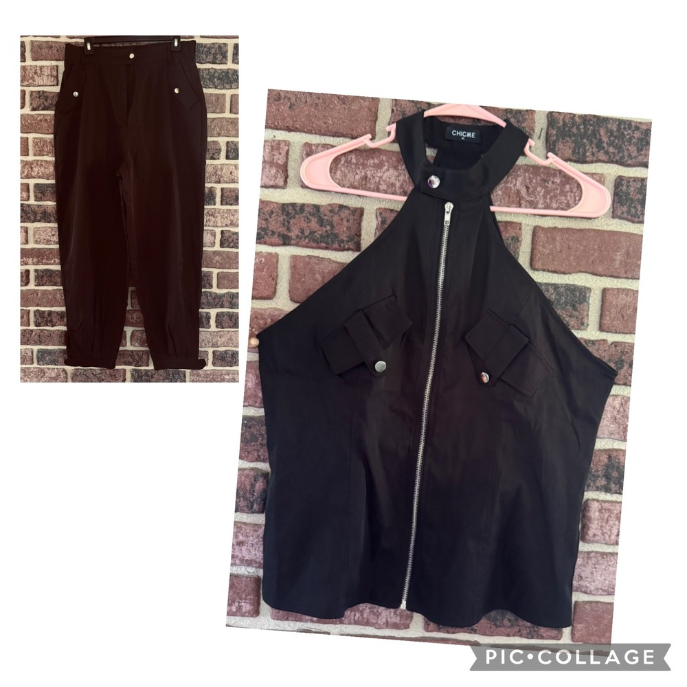 Chic Me Black 2 Piece Halter & Pants XL Goth Edgy Night Out Biker Moto Modern